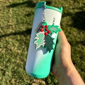 NWT Starbucks Christmas 2024 Mint Green Ombre Holly Charm SS Bottle Tumbler